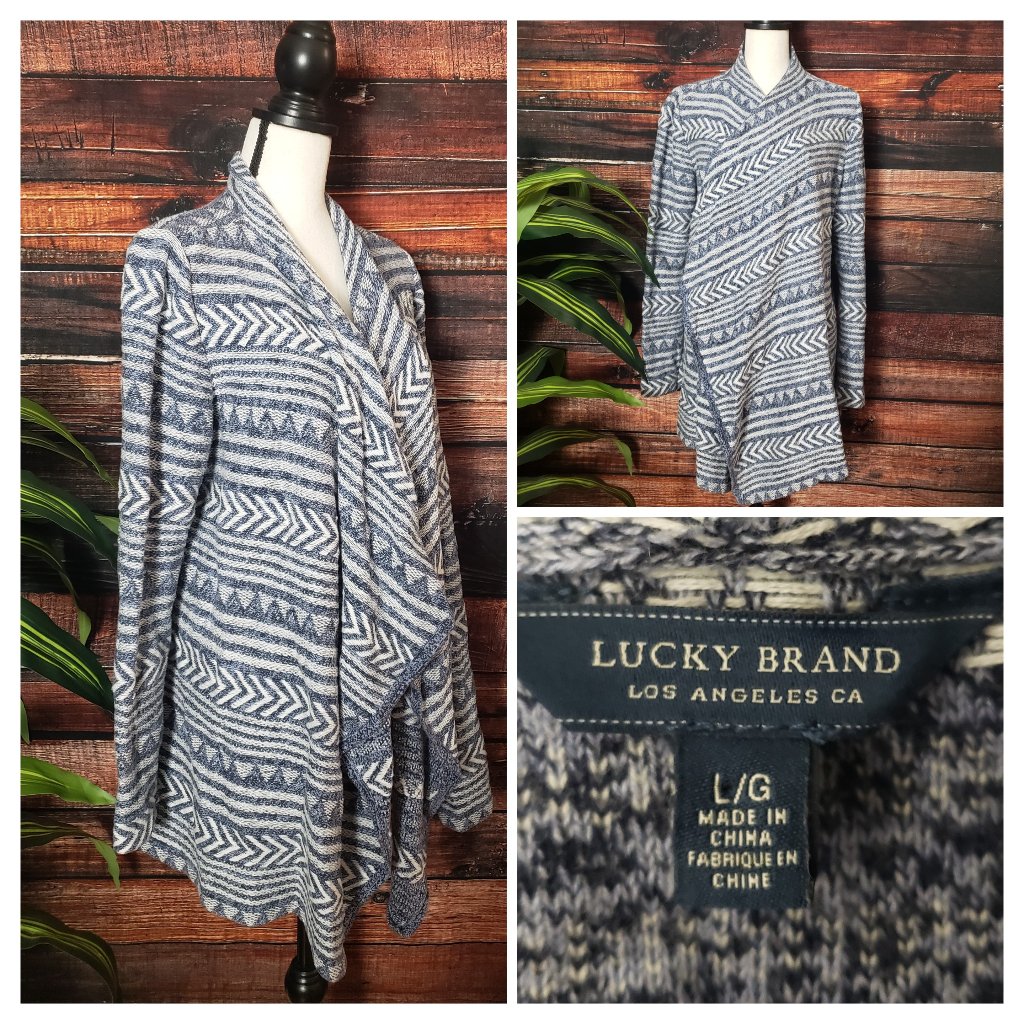 Lucky Brand L Wrap Cardigan Sweater Open Long Blue White Aztec Waterfall Cotton